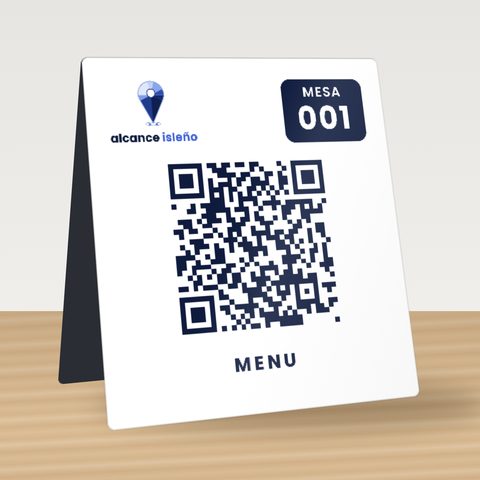 Expositor de mesa personalizado con logo, número de mesa y código QR de la carta